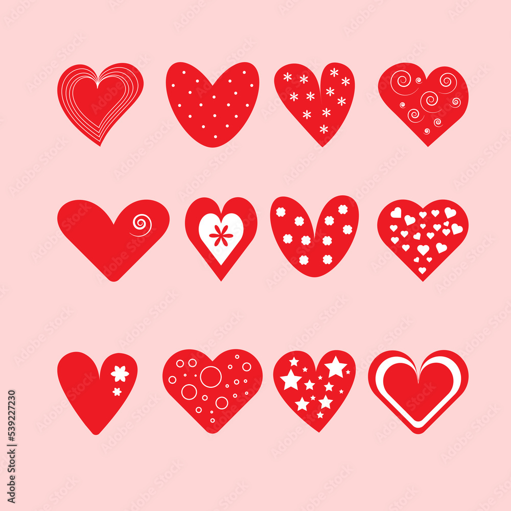 Vector set with decorated hearts isolated on pink background for Valentine's day. Love concept graphic elements