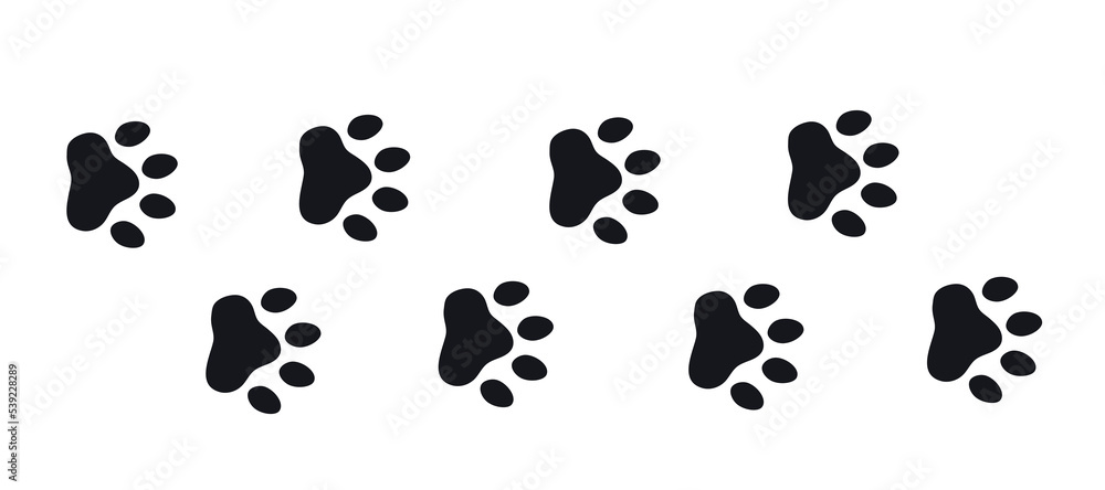 Silhouette of cat paws. Paw prints. The dog and cat puppy icon. Traces of a pet. The puppy's paws are highlighted on a white background. Silhouette of cat paws. Paw prints. The dog and cat puppy icon. Traces of a pet. The puppy's paws are highlighted on a white background.