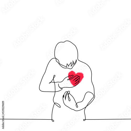 man touched his chest in the area of the heart with pink silhouette of the heart - one line drawing vector. concept to find out that you are in love, man in love, valentine's day