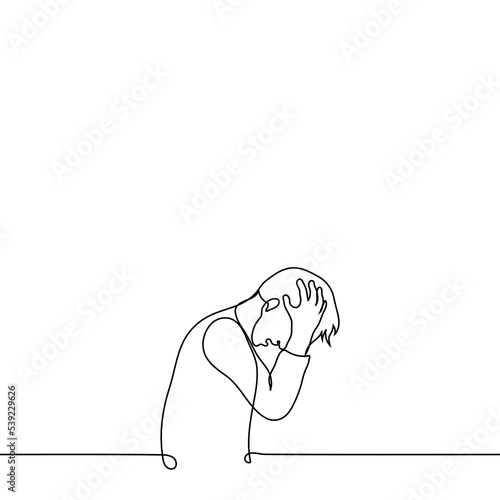 man bent over clutching his head - one line drawing vector. concept emotion of despair, hellish headache