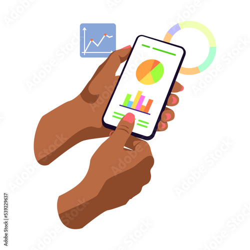 Hands holding, touching mobile phones displays, using apps online. Business telephone internet apps. Flat vector illustration. Digital communication