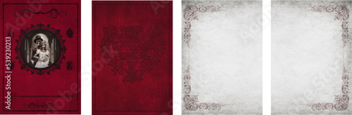 Dunkelrote Gothic Hochzeitskarte mit Skelett Brautpaar und antiken Elementen, vierseitige Karte für alternative Hochzeit mit Symbolik