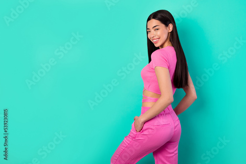 Fotografija Profile side photo of young adorable pretty female wear pink bright costume posi