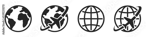 Globe icons set. The plane flies around the earth. Travel icons with airplane fly around the earth. World planet earth icon - stock vector.