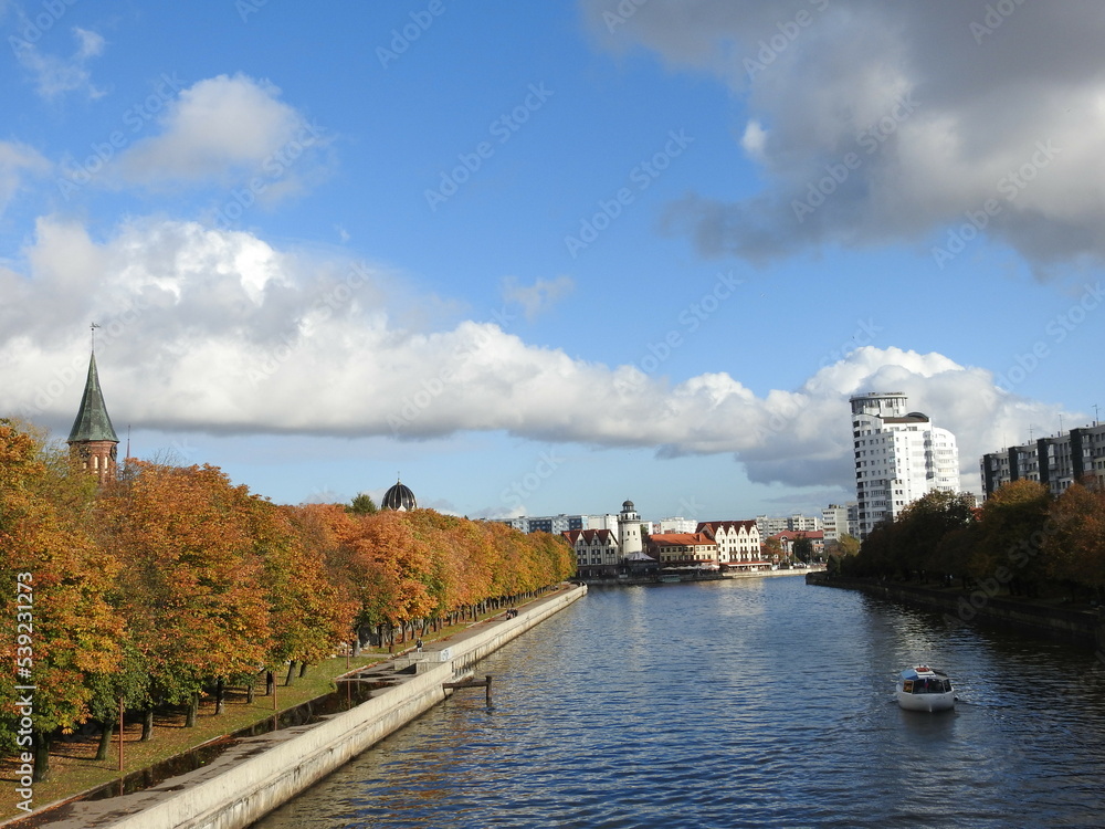 view on the fish village from pergolya river in kaliningrad, russia, former konigsberg, eastern prussia