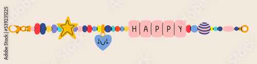 Cute beads bracelet illustration. Retro colorful funky bracelet with smiley heart, star and happy text. Cartoon 00s style. Hand made, diy concept. Hand drawn Vector illustration