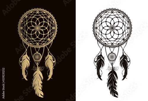 Vector illustration of a dream catcher. Vector illustration. Black and color option