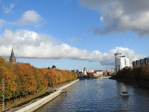 view on the fish village from pergolya river in kaliningrad, russia, former konigsberg, eastern prussia