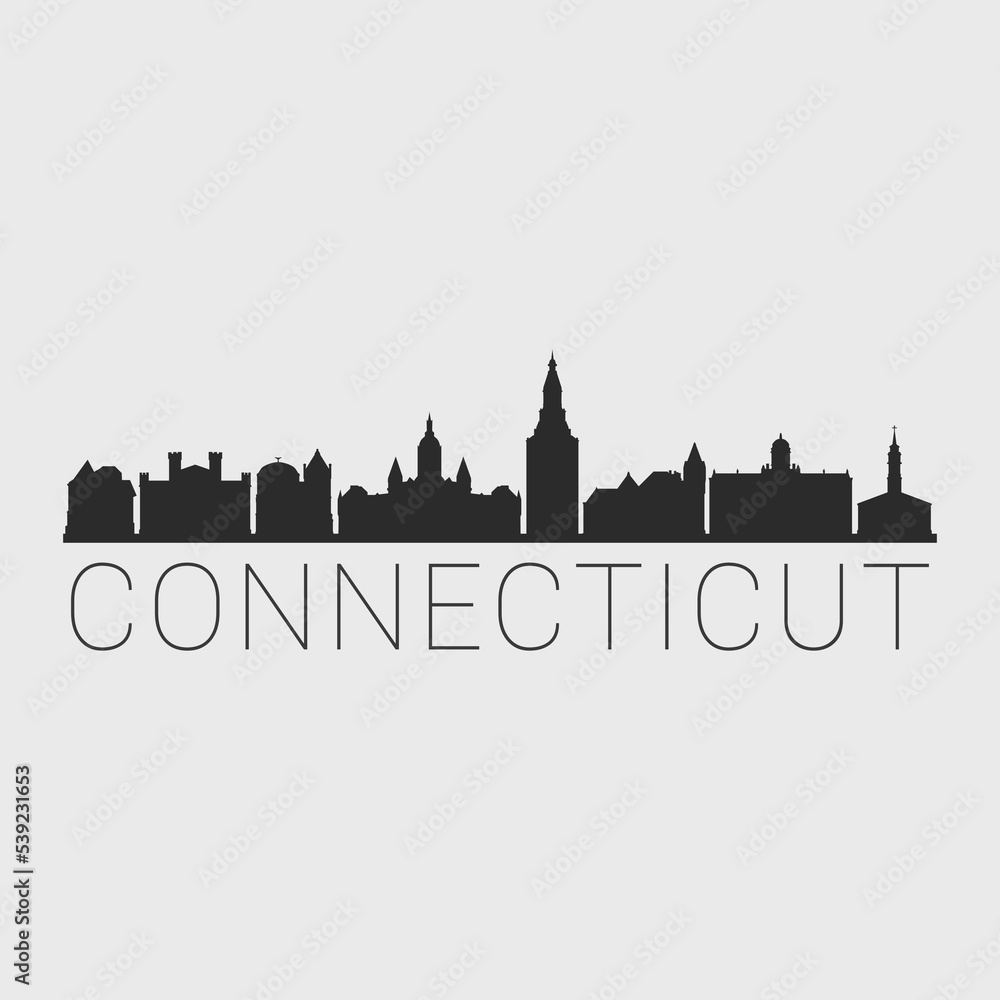 Connecticut, USA City Skyline. Silhouette Illustration Clip Art. Travel Design Vector Landmark Famous Monuments.