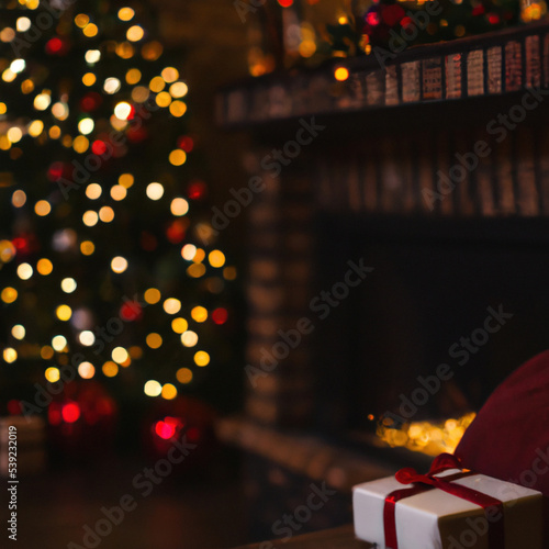 Christmas ornaments. Commemorative date with Santa Claus. Gifts, balls and Christmas tree. Christmas mood and decoration with lights. Xmas. Selective focus