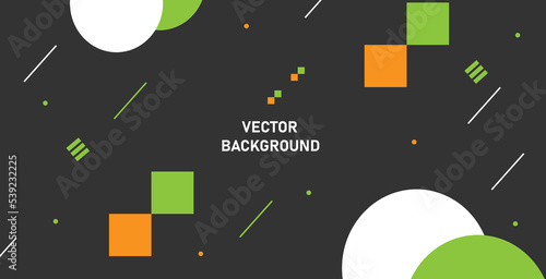 Dark background template for with space to insert text, with geometric shapes in orange, white and green, Memphis style. Vector illustration, isolated