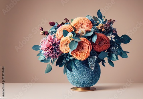 Winter floral bouquet using a unique arrangement of flowers and foliage to create a natural look with winter hues and tones. Studio setting clean backdrop. Generative AI © Brian