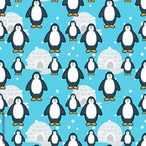 Seamless pattern with little penguin and igloo on falling snow background. Cute cartoon winter surface. Animal character vector illustration.