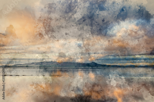 Digital watercolour painting of Beautiful sunset landscape image of Solway Firth viewed from Silloth during stunning Autumn sunset with dramatic sky photo