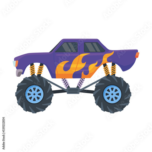 Blue monster car. Colorful cartoon truck on big wheels, toys for children isolated on white. Vector illustrations for racing, competition, automobile constructor, robotics concept