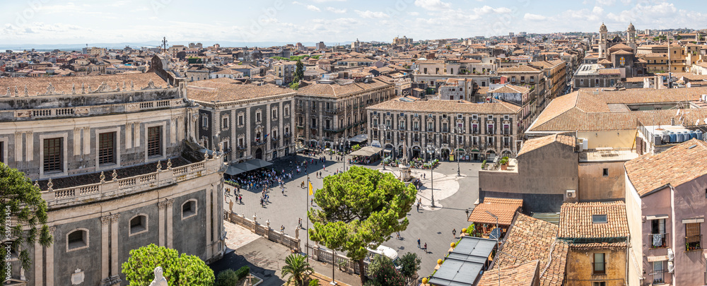Extra wide High angle view of the center of Catania with Duomo Square