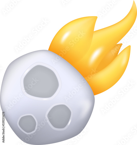 3D Meteorite Icon on Transparent Background. Cartoon Comet with Fire Icon. Flying Asteroid Illustration