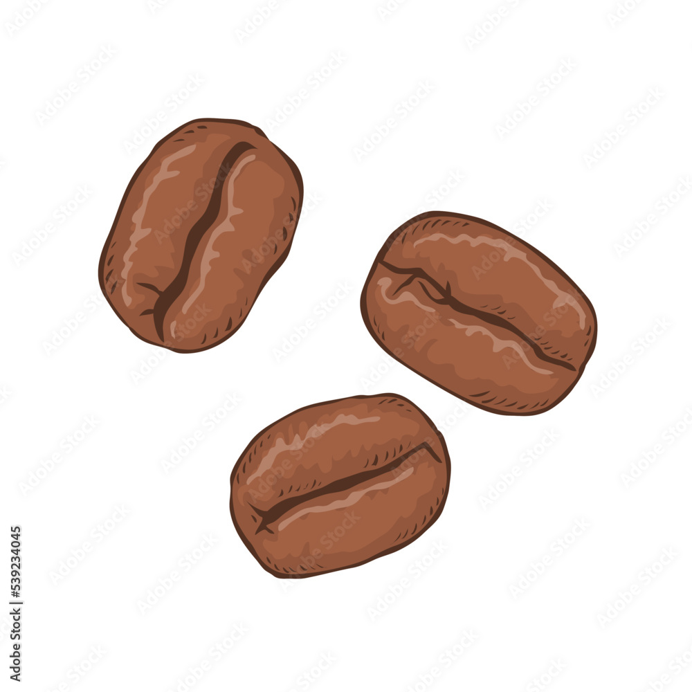 Roasted coffee beans. Delicious and aromatic hot coffee drink. Cartoon vector illustration isolated on white background. Hand drawn sketch Roasted coffee beans. Delicious and aromatic hot coffee drink. Cartoon vector illustration isolated on white background. Hand drawn sketch