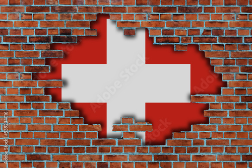 3D Flag of Switzerland behind the broken old stone wall background.
