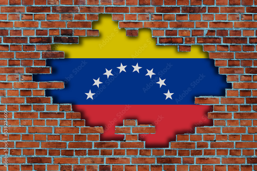 3D Flag of Venezuela behind the broken old stone wall background.