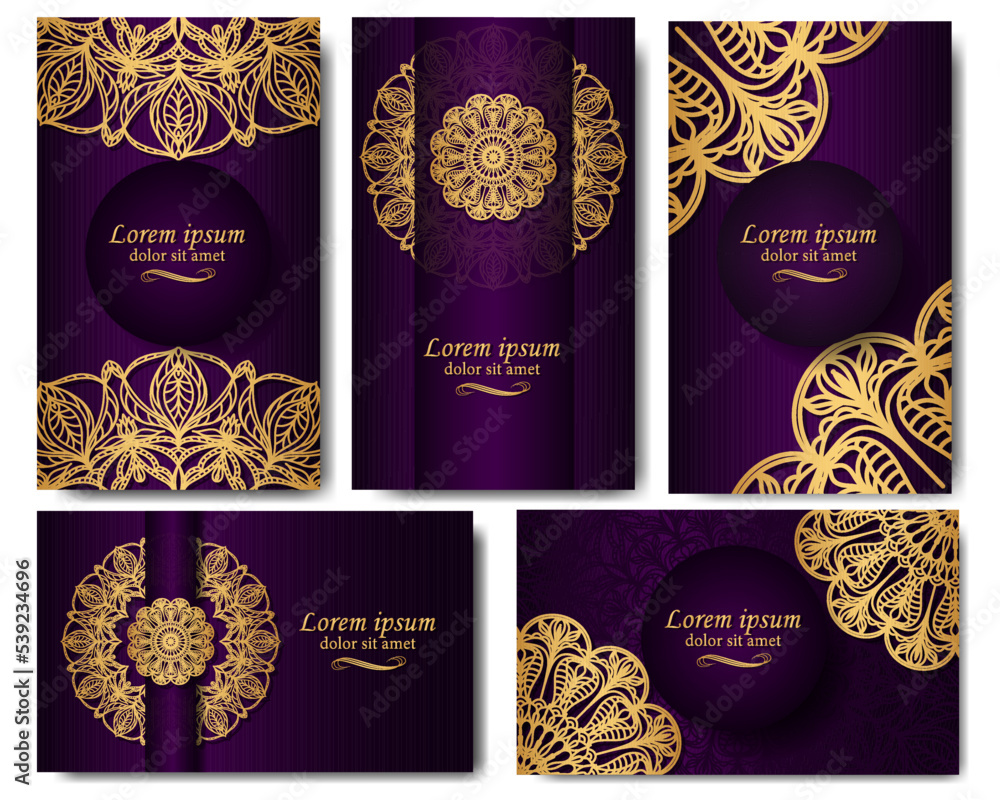 Golden mandala on a purple background. Set of five luxurious backgrounds using ethnic ornaments. Possible vector designs for cards, invitations, labels, packaging. Golden mandala on a purple background. Set of five luxurious backgrounds using ethnic ornaments. Possible vector designs for cards, invitations, labels, packaging.