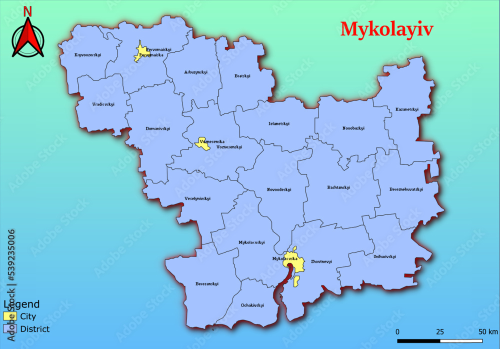 Vector map of the Ukraine administrative divisions of Mykolayiv Region with City, City Council, District, Raion