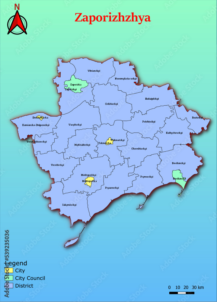 Obraz premium Vector map of the Ukraine administrative divisions of Zaporizhzhya Region with City, City Council, District, Raion