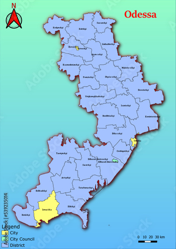 Vector map of the Ukraine administrative divisions of Odessa Region with City, City Council, District, Raion