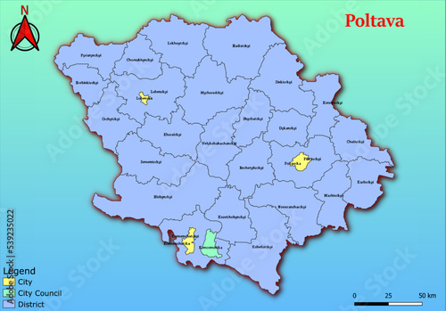 Vector map of the Ukraine administrative divisions of Poltava Region with City, City Council, District, Raion photo