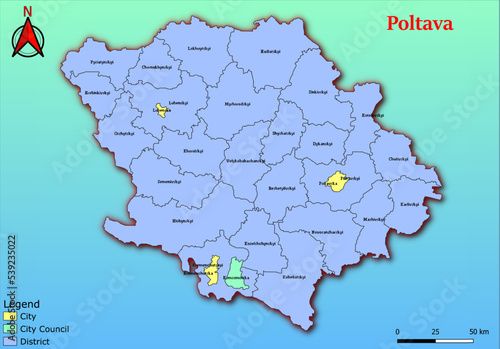 Canvas Print Vector map of the Ukraine administrative divisions of Poltava Region with City,