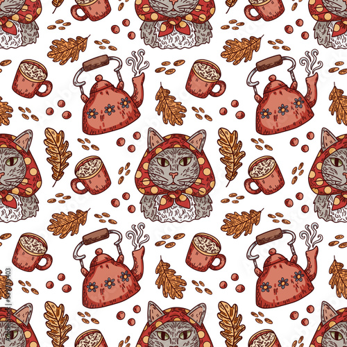 Seamless vector pattern with a cat in a headscarf, a teapot, a mug, oak leaves, nuts and berries. Digital illustration on the theme of warm and cozy autumn for wrapping paper, fabrics, design and more