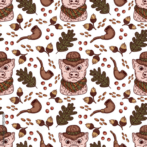 Seamless vector pattern with a pig in a hat and scarf, a smoking pipe, acorns, oak leaves, nuts and berries. Cozy autumn digital illustration for wrapping paper, fabrics, design, and more.