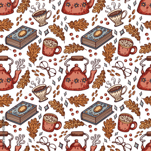 Seamless vector pattern with teapot, cups, glasses, books, oak leaves, berries and nuts. Cozy autumn digital illustration for wrapping paper, fabrics, design, and more.