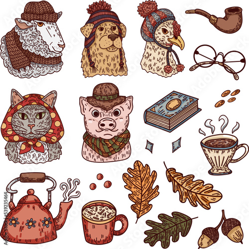 Set of colorful vector autumn illustrations with animals in hats, oak leaves, cups, etc. Digital clipart for cards, stickers and design.