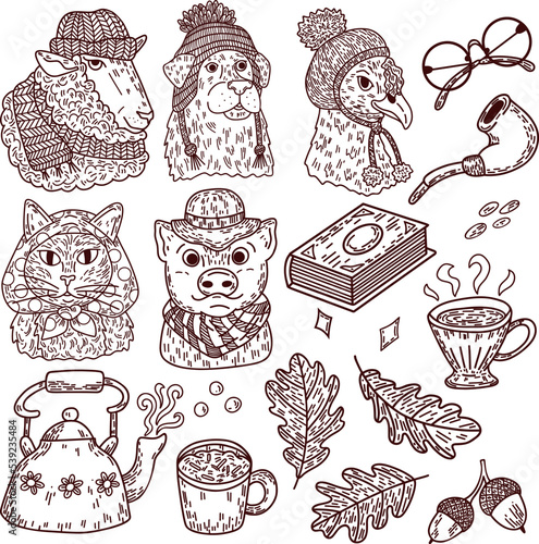 Set of black and white vector autumn illustrations with animals in hats, oak leaves, cups, etc. Digital clipart for cards, stickers and design.
