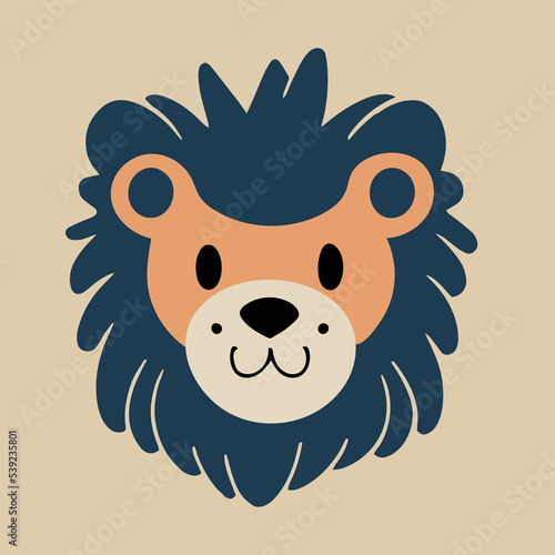 Cute happy lion head vector. Kawaii cartoon jungle animal. King of african. Fun cute head. Illustration icon. Flat design. Adorable animal. Doodle decoration for kids, children. Sweet sketch of safari
