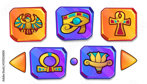 Cartoon stone board with egyptian culture religious symbol. Ancient Egypt icons for game user interface. Vintage objects of scarab, eye of horus, scarab, ankh cross, lotus, sun god. Protective amulet.