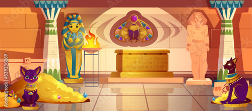 Cartoon Egypt tomb interior with pharaoh sarcophagus and old sculpture photo