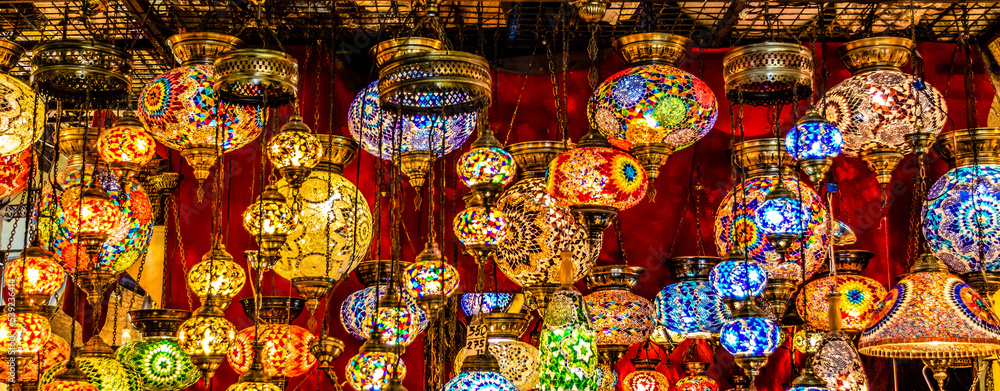 Colorful Turkish lamps for sale at the Grand Bazaar in Istanbul, Turkey, Europe