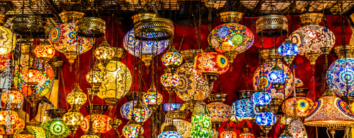 Colorful Turkish lamps for sale at the Grand Bazaar in Istanbul, Turkey, Europe © jeeweevh