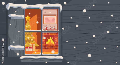Outside View Snow falling  Christmas windows on the home's wooden wall. Merry Christmas celebration on holiday. Vector illustration flat cartoon design for poster, banner, wallpaper, and card.
