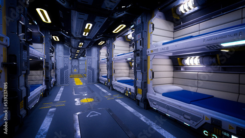Fototapeta Naklejka Na Ścianę i Meble -  Futuristic fantasy space station interior corridor through crew quarters. 3D illustration.