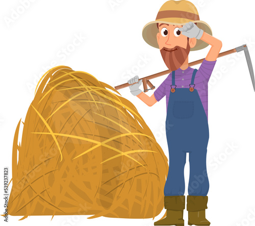 Farmer with hay bale. Cartoon man with scythe. Farm harvesting