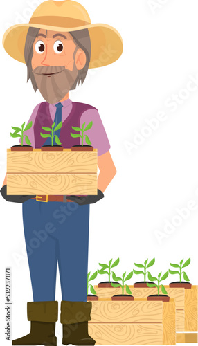 Farmer hold seedling boxes. Gardener with growing plants. Agricultural worker