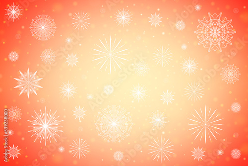 Red and yellow Christmas winter background with snowflakes, bokeh lights and a place for text. Christmas background