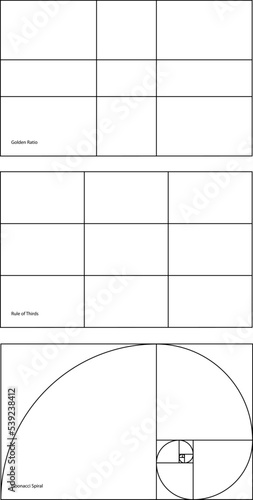 The three photography composition rules "Golden Ratio", "Rule of Thirds" and "Fibonacci Spiral" as Line Art.