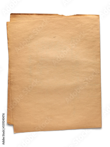 old grunge folded paper background, blank vintage discolored paper surface with damaged edges isolated on white background