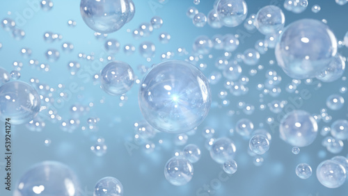 3D cosmetic rendering Bubbles of serum on a blurry background. Cosmetics miracle bubble design iridescent liquid blobs floating in space, transparent balls, and create bubbles.