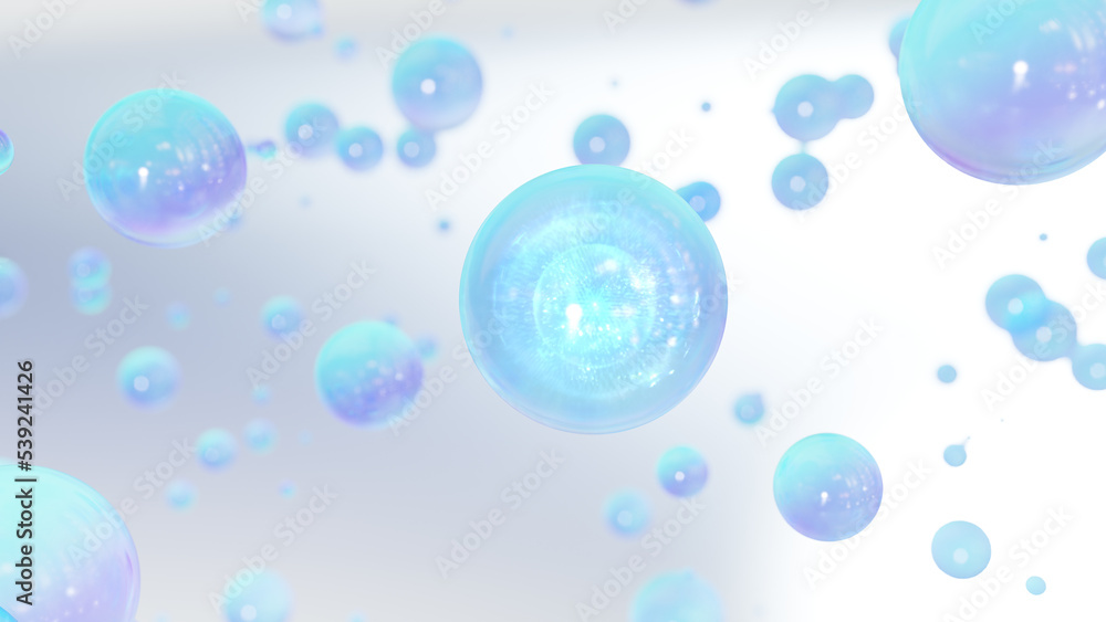 3D cosmetic rendering Blue serum bubbles against a bright background. Collagen bubble design. The essentials of the serum notion and moisturizing. Vitamins for health and beauty concept.