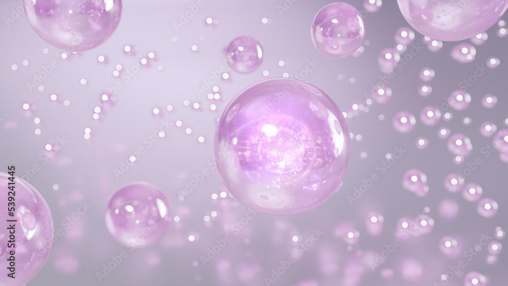 3D rendering of cosmetics Colorful serum bubbles against a blurry background. collagen bubbles' structure. Moisturizing and serum concept elements. Vitamins as a concept for care products and beauty.